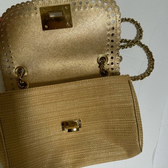 Michael Kors Violet Vivian Leather Straw Raffia Metallic Chain Shoulder Bag Tote - Picture 8 of 16